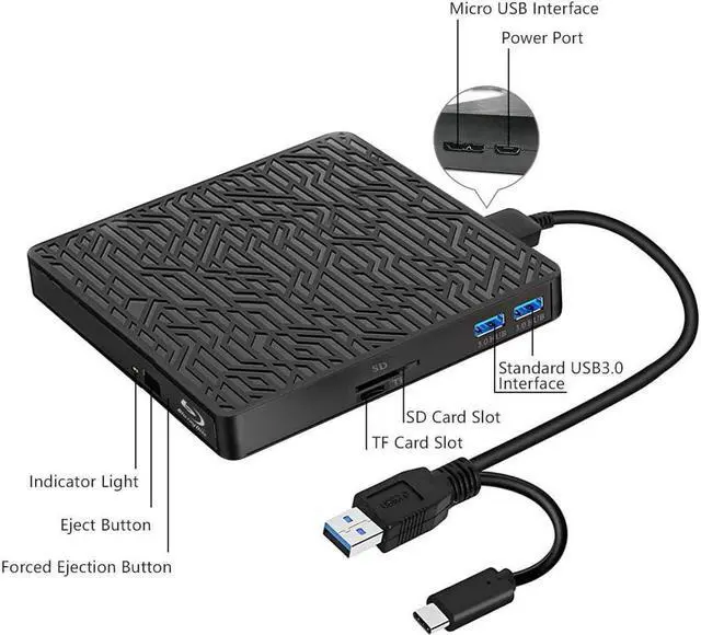 Alt view image 2 of 7 - 5 in 1 External bluray Drive, USB3.0 Type-C Blu Ray blu-ray Drive Slim Optical CD DVD Drive Burner with SD/TF Card Reader/2 USB3.0 Hubs for Windows, MacOS
