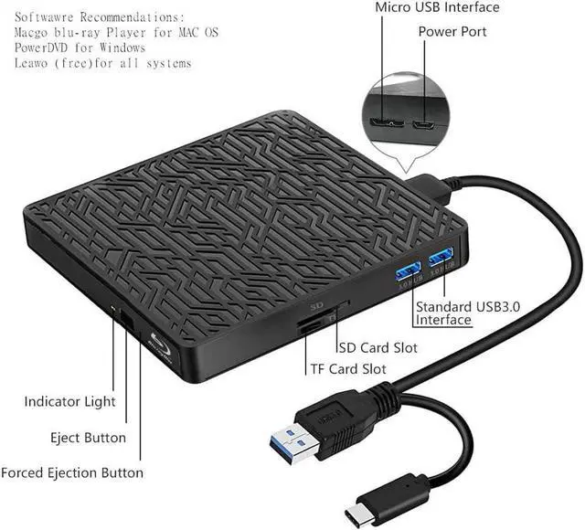 Alt view image 7 of 7 - External Bluray Drive, 5 in 1 USB 3.0 with Type-C SD/TF Card Player External Bluray DVD Drive for Laptop/MacBook/Desktop/Car Compatible with MacOS/Windows