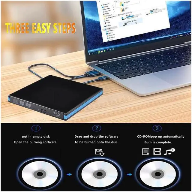 Alt view image 2 of 7 - BONAEVER External Blu-ray Drive DVD / BD Player Read/Write Portable Blu-ray Drive USB 3.0 Type-C DVD Burner Blu-ray Drive Compatible with Windows Mac OSLinus