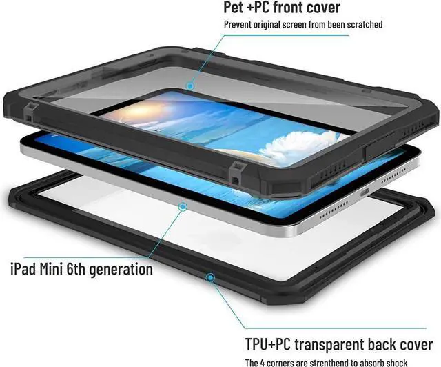 Alt view image 5 of 7 - BONAEVER For iPad Mini 6 Case - Waterproof Case for iPad Mini 6th Generation 2021 8.3 Inch Shockproof Protection Case with Built in Screen Protector Shoulder Strap Pen Holder Black