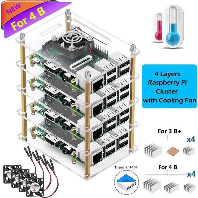 Main image of BONAEVER Raspberry Pi 4 B Clu Stander Case Raspberry Pi 4 Case with Cooling Fan Raspberry Pi 4 Heatsink for Raspberry Pi 4 Model B 3 B+ Pi 3 B Pi 2 B Pi B+ - 4-Layers