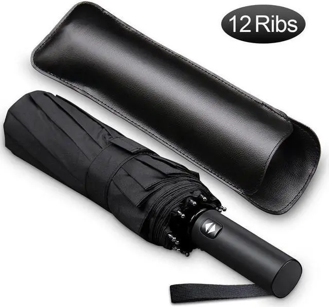 Main image of BONAEVER 12 Ribs Windproof Travel Umbrella with Auto Open Close Button Compact Protection from Rain Free Upscale Leather Cover