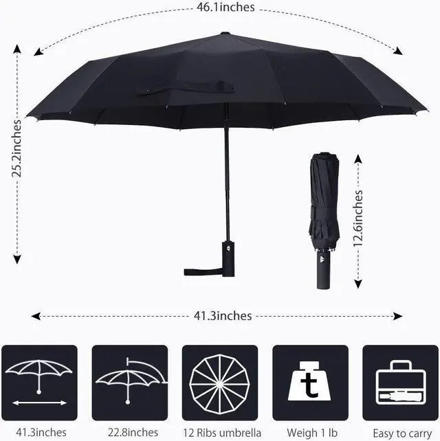 Alt view image 6 of 7 - BONAEVER 12 Ribs Windproof Travel Umbrella with Auto Open Close Button Compact Protection from Rain Free Upscale Leather Cover