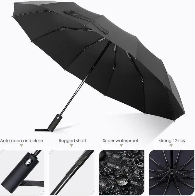 Alt view image 2 of 7 - BONAEVER 12 Ribs Windproof Travel Umbrella with Auto Open Close Button Compact Protection from Rain Free Upscale Leather Cover