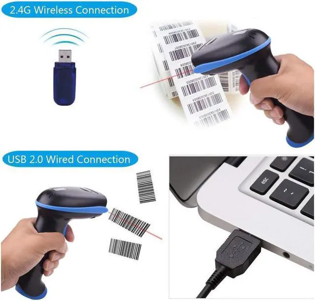 Alt view image 2 of 7 - Wireless 2.4G Barcode Scanner Bar Code Reader Long Transmission Distance Automatic Laser Network USB Cordless & Wired 1D Bar-code Scanner for Mac Windows Quickbooks Linux Handheld Rechargeable