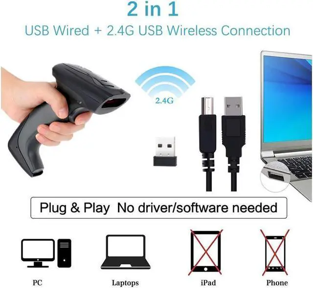 Alt view image 2 of 7 - BONAEVER 2-in-1 USB Wired & 2.4G Wireless Barcode Scanner CMOS Image Barcode Reader 1D 2D QR PDF417 Data Matrix Code Scanner Cordless Barcode Scanner for Supermarket Retail Warehouse Library