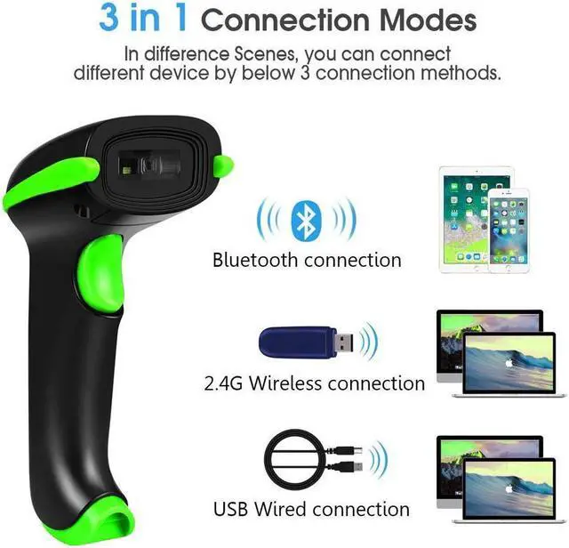 Alt view image 2 of 7 - BONAEVER Wireless 1D 2D Barcode Scanner 3 in 1 Compatible with Bluetooth & 2.4GHz Wireless & Wired 1D 2D Bar Code Reader with Stand Datamatrix PDF417 QR Bar Code Scanner for Smart Phone PC