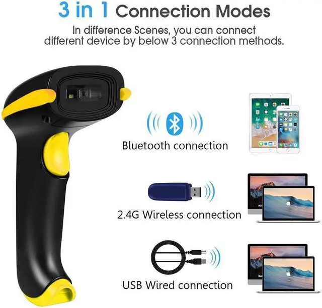 Alt view image 2 of 7 - BONAEVER Wireless 1D 2D Barcode Scanner 3 in 1 Compatible with Bluetooth & 2.4GHz Wireless & Wired 1D 2D Bar Code Reader with Stand Datamatrix PDF417 QR Bar Code Scanner for Smart Phone PC