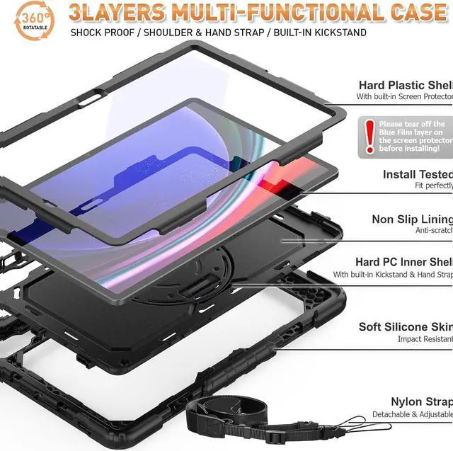 Alt view image 6 of 6 - BONAEVER Case for Samsung Galaxy Tab S10 Plus 2024 / S9 Plus / S9 FE Plus 12.4 inch 2023 Protective Cover with Screen Protector/Pen Holder/Rotating Stand /Hand Strap/Shoulder Strap/ Stylus Pen