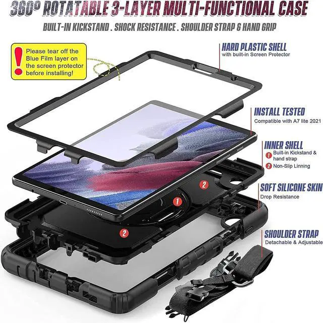 Alt view image 5 of 7 - BONAEVER Case for Samsung Galaxy Tab A7 Lite 8.7 inch 2021 SM-T220/T225/T227 with Screen Protector Pencil Holder Durable Protective Cover with Stand and Shoulder Strap Stylus Pen