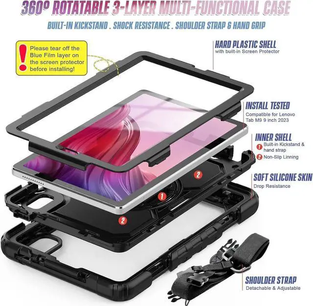 Alt view image 6 of 7 - BONAEVER Case for Lenovo Tab M9 9 inch 2023 TB-310FU with Screen Protector Shockproof Protective Cover with Pen Holder Stand and Shoulder Strap Stylus Pen