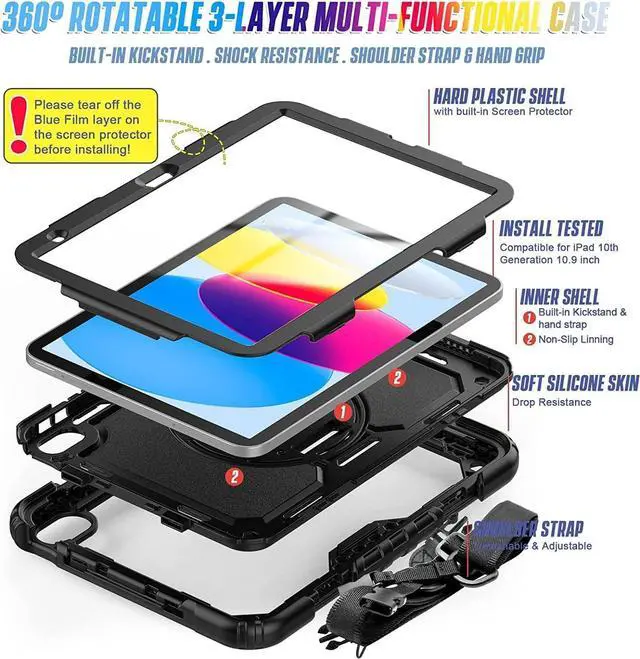 Alt view image 7 of 7 - BONAEVER Case for iPad (A16) 11th Generation 11 Inch 2025, iPad 10th Generation 10.9 inch 2022 Shockproof Cover with Screen Protector Pen Holder Stand and Shoulder Strap Stylus Pen