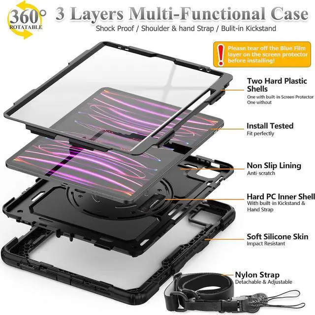 Alt view image 2 of 7 - BONAEVER Case for iPad Pro 12.9 inch 2022 2021 2020 2018 Shockproof Cover with Screen Protector Pen Holder Stand and Shoulder Strap Stylus Pen