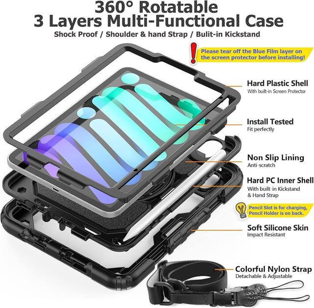 Alt view image 7 of 7 - BONAEVER Protective Case for iPad Mini 6 8.3 inch 2021 Shockproof Cover with Screen Protector Pencil Holder Stand and Shoulder Strap Stylus Pen