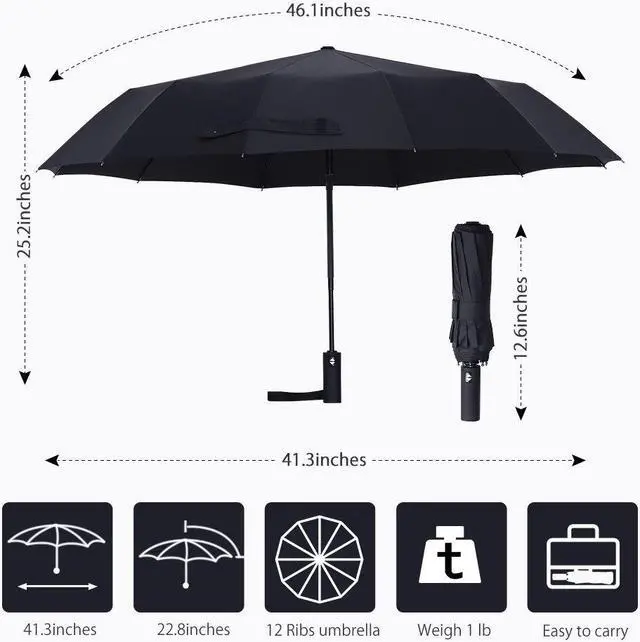 Alt view image 6 of 7 - 12 Ribs Windproof Travel Umbrella with Teflon Canopy Lengthened Handle with Auto Open Close Button Compact Protection from Rain, Free Upscale Leather Cover