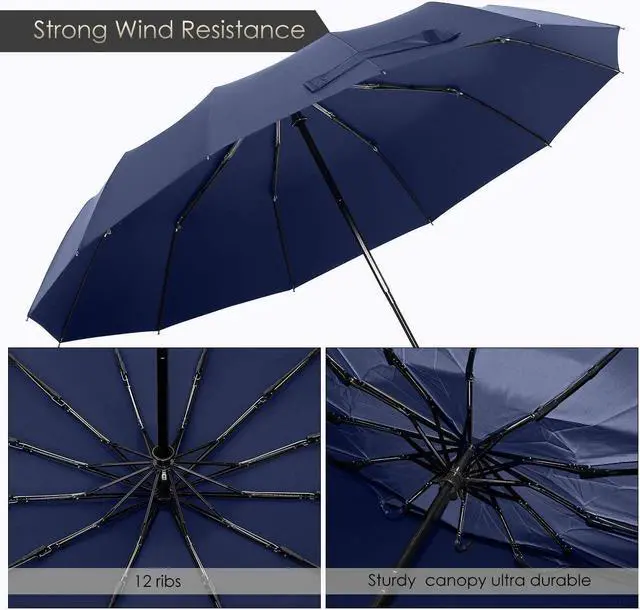 Alt view image 5 of 7 - 12 Ribs Windproof Travel Umbrella with Teflon Canopy Lengthened Handle with Auto Open Close Button Compact Protection from Rain, Free Upscale Leather Cover