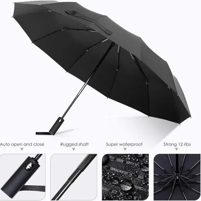 Alt view image 2 of 7 - 12 Ribs Windproof Travel Umbrella with Teflon Canopy Lengthened Handle with Auto Open Close Button Compact Protection from Rain, Free Upscale Leather Cover