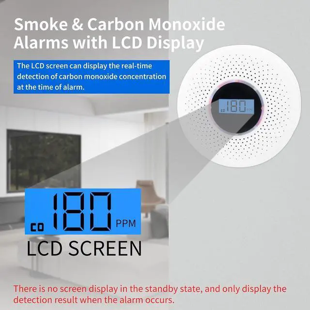 Alt view image 2 of 6 - Smoke and Carbon Monoxide Detector 2-in-1 CO Smoke Alarm Detector with LCD Display and Sound Light Alarm for Home Garage Office RV