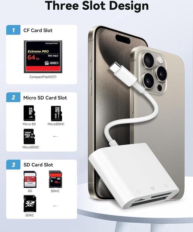 Alt view image 2 of 7 - SD Card Reader USB C for iPhone 15/Android Phone/iPad/Mac/Laptop, Three Card Slot Micro SD Card Reader Supports SD Micro SD CF Card, Digital Camera Viewer Memory Card Reader Plug and Play