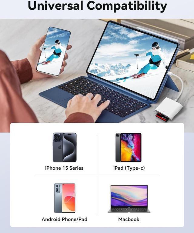Alt view image 3 of 7 - SD Card Reader USB C for iPhone 15/Android Phone/iPad/Mac/Laptop, Three Card Slot Micro SD Card Reader Supports SD Micro SD CF Card, Digital Camera Viewer Memory Card Reader Plug and Play