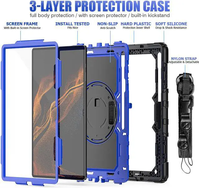 Alt view image 5 of 7 - BONAEVER For Samsung Galaxy Tab S8 Ultra 14.6 inch Case Model SM-X900 / SM-X906 with S Pen Holder Rugged Shockproof Protective Cover with Rotating Stand and & Shoulder Strap