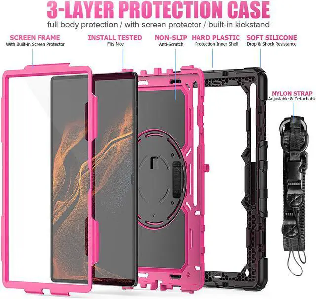 Alt view image 5 of 7 - BONAEVER For Samsung Galaxy Tab S8 Ultra 14.6 inch Case Model SM-X900 / SM-X906 with S Pen Holder Rugged Shockproof Protective Cover with Rotating Stand and & Shoulder Strap