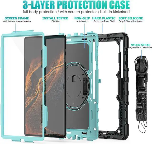 Alt view image 6 of 7 - BONAEVER For Samsung Galaxy Tab S8 Ultra 14.6 inch Case Model SM-X900 / SM-X906 with S Pen Holder Rugged Shockproof Protective Cover with Rotating Stand and & Shoulder Strap