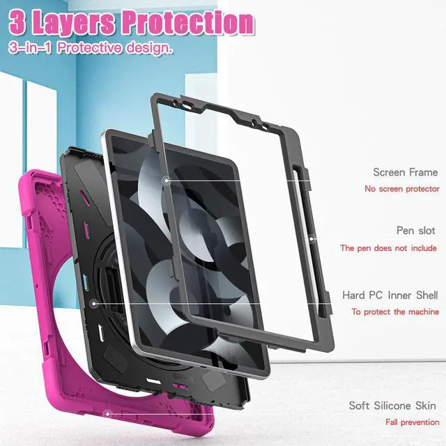 Alt view image 4 of 7 - BONAEVER Case for iPad Air 5 / Air 4 10.9 inch 2022 2020 iPad Pro 11 Inch Shockproof Cover with Pencil Holder Hand Strap Stand and Shoulder Strap for iPad Air 5th / 4th Generation 10.9 Rose Red