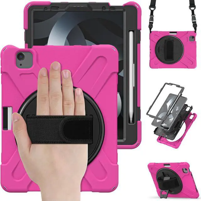 Main image of BONAEVER Case for iPad Air 5 / Air 4 10.9 inch 2022 2020 iPad Pro 11 Inch Shockproof Cover with Pencil Holder Hand Strap Stand and Shoulder Strap for iPad Air 5th / 4th Generation 10.9 Rose Red