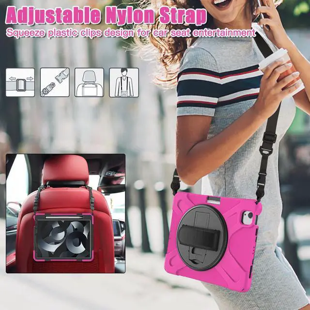 Alt view image 7 of 7 - BONAEVER Case for iPad Air 5 / Air 4 10.9 inch 2022 2020 iPad Pro 11 Inch Shockproof Cover with Pencil Holder Hand Strap Stand and Shoulder Strap for iPad Air 5th / 4th Generation 10.9 Rose Red
