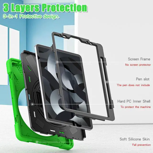 Alt view image 2 of 6 - BONAEVER Case for iPad Air 5 / Air 4 10.9 inch 2022 2020 / iPad Pro 11 Inch Shockproof Cover with Pencil Holder Hand Strap Stand and Shoulder Strap for iPad Air 5th / 4th Generation 10.9 Green