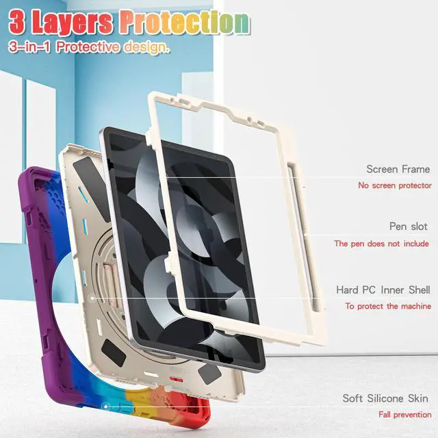 Alt view image 3 of 7 - BONAEVER Case for iPad Air 5 / Air 4 10.9 inch 2022 2020 / iPad Pro 11 Shockproof Cover with Pencil Holder Hand Strap Stand and Shoulder Strap for iPad Air 5th 4th Generation 10.9 Rainbow Red