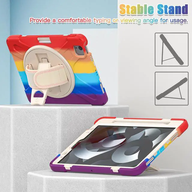 Alt view image 2 of 7 - BONAEVER Case for iPad Air 5 / Air 4 10.9 inch 2022 2020 / iPad Pro 11 Shockproof Cover with Pencil Holder Hand Strap Stand and Shoulder Strap for iPad Air 5th 4th Generation 10.9 Rainbow Red
