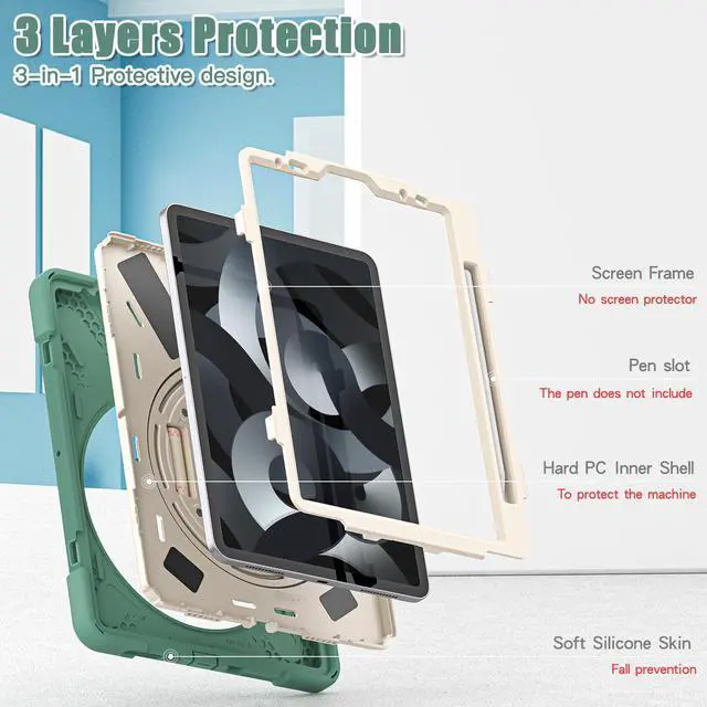 Alt view image 3 of 7 - BONAEVER Case for iPad Air 5 / Air 4 10.9 inch 2022 2020 / iPad Pro 11 Shockproof Cover with Pencil Holder Hand Strap Stand and Shoulder Strap for iPad Air 5th 4th Generation 10.9 Dark Green