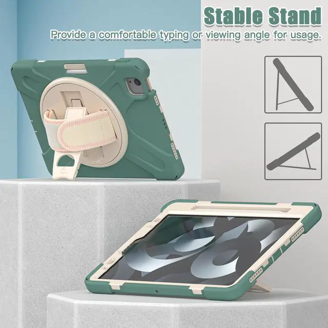 Alt view image 2 of 7 - BONAEVER Case for iPad Air 5 / Air 4 10.9 inch 2022 2020 / iPad Pro 11 Shockproof Cover with Pencil Holder Hand Strap Stand and Shoulder Strap for iPad Air 5th 4th Generation 10.9 Dark Green