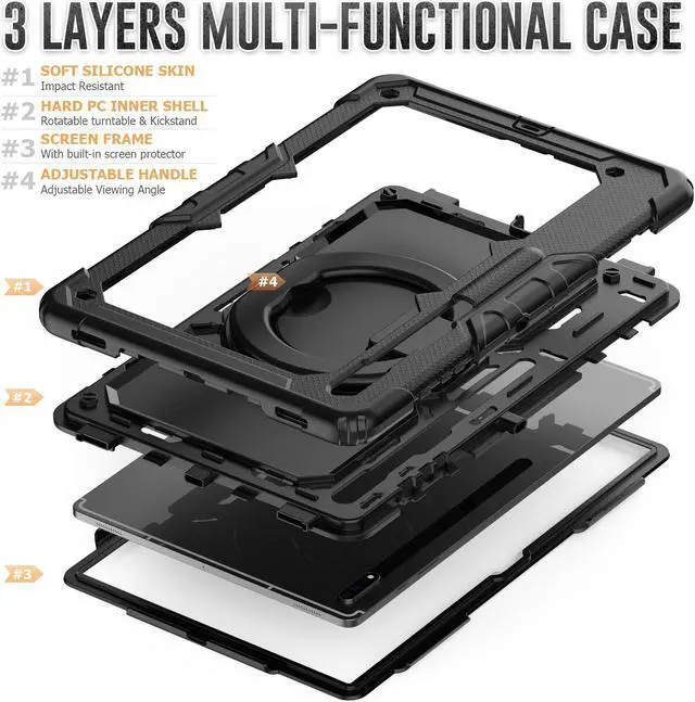 Alt view image 5 of 7 - BONAEVER For Samsung Galaxy Tab S8 Ultra 14.6" Case Model SM-X900 SM-X906 with S Pen Holder Shockproof Protective Cover with Rotating Stand and & Shoulder Strap