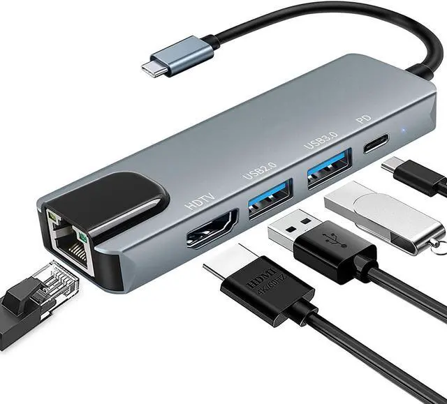 Main image of BONAEVER USB C Hub 5 in 1 USB C to 4K@30HZ HDMI Adapter with 100M Ethernet Power Delivery Pd Type C Charging Port USB 3.0&USB2.0 Ports Adapter Compatible for MacBook Pro Chromebook XPS USB C Devices