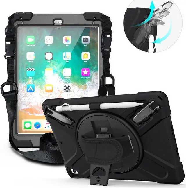 Main image of BONAEVER Shockproof Case for iPad 9.7 inch 2017 2018 iPad Air 2 2017 iPad Pro 9.7 2016 with Rotating Stand and Strap Pencil Holder Shoulder Strap