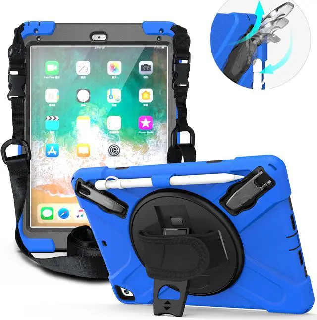 Main image of BONAEVER Shockproof Case for iPad 9.7 inch 2017 2018 iPad Air 2 2017 iPad Pro 9.7 2016 with Rotating Stand and Strap Pencil Holder Shoulder Strap