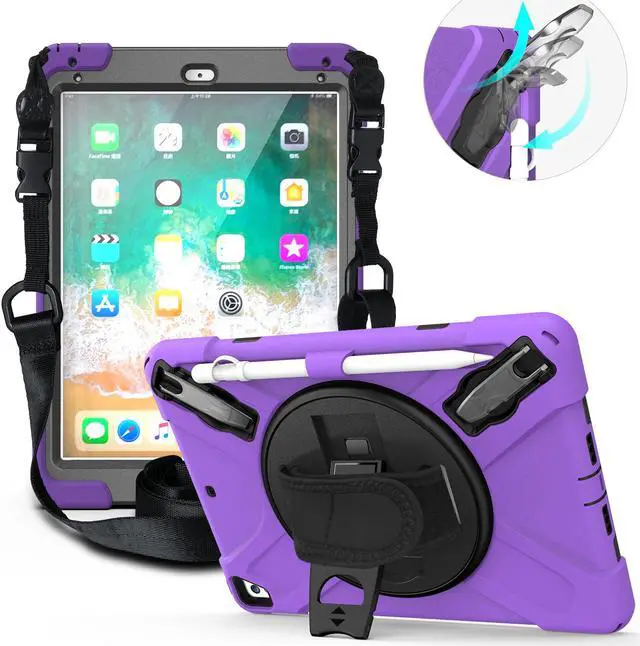 Main image of BONAEVER Shockproof Case for iPad 9.7 inch 2017 2018 iPad Air 2 2017 iPad Pro 9.7 2016 with Rotating Stand and Strap Pencil Holder Shoulder Strap