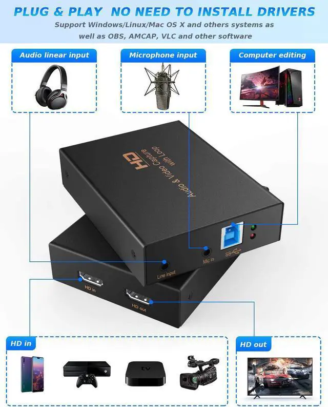 Alt view image 2 of 7 - BONAEVER Game Capture Card USB 3.0 1080P 60FPS/4K 30FPS HD Video Capture Card High Speed Capture Card with HDMI Loop-Out for PS5 PS4 Nintendo Switch Xbox One Gaming Streaming Live Broadcasts Recording