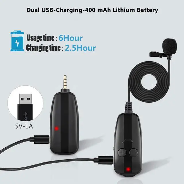 Alt view image 6 of 7 - BONAEVER Portable Wireless Lavalier Microphone for iPhone/ Android Phone/Camera 130 ft Range 3.5mm TRRS Output UHF Rechargeable Wireless Lapel Mic for Video Recording YouTube Vlogging Interview