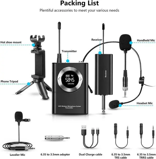 Alt view image 2 of 7 - BONAEVER UHF Wireless Microphone Systerm Lavalier Mic/Headset Mic/Hand Held Mic165ft Range Rechargeable Transmitter Receiver for iphone Smart phone AMP PC Camera Vlogging Recording