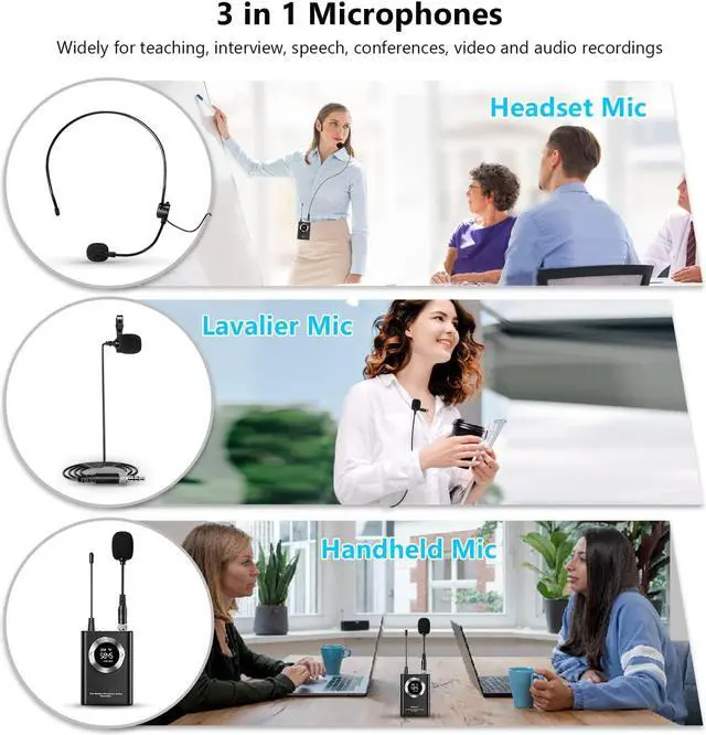 Alt view image 7 of 7 - BONAEVER UHF Wireless Microphone Systerm Lavalier Mic/Headset Mic/Hand Held Mic165ft Range Rechargeable Transmitter Receiver for iphone Smart phone AMP PC Camera Vlogging Recording