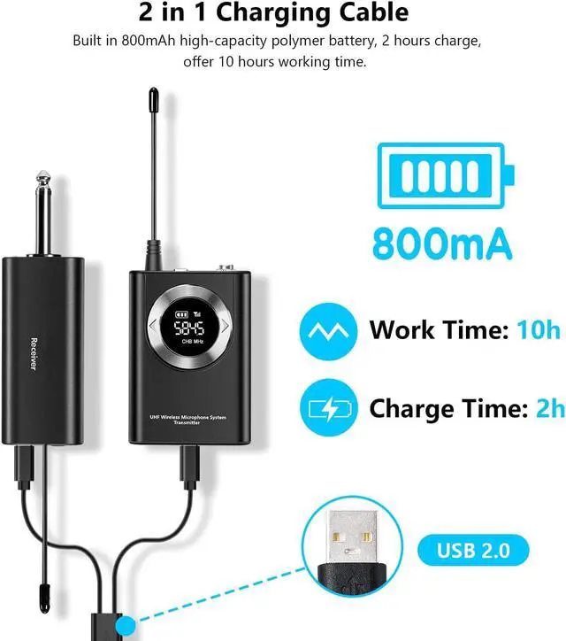 Alt view image 5 of 7 - BONAEVER UHF Wireless Microphone Systerm Lavalier Mic/Headset Mic/Hand Held Mic165ft Range Rechargeable Transmitter Receiver for iphone Smart phone AMP PC Camera Vlogging Recording