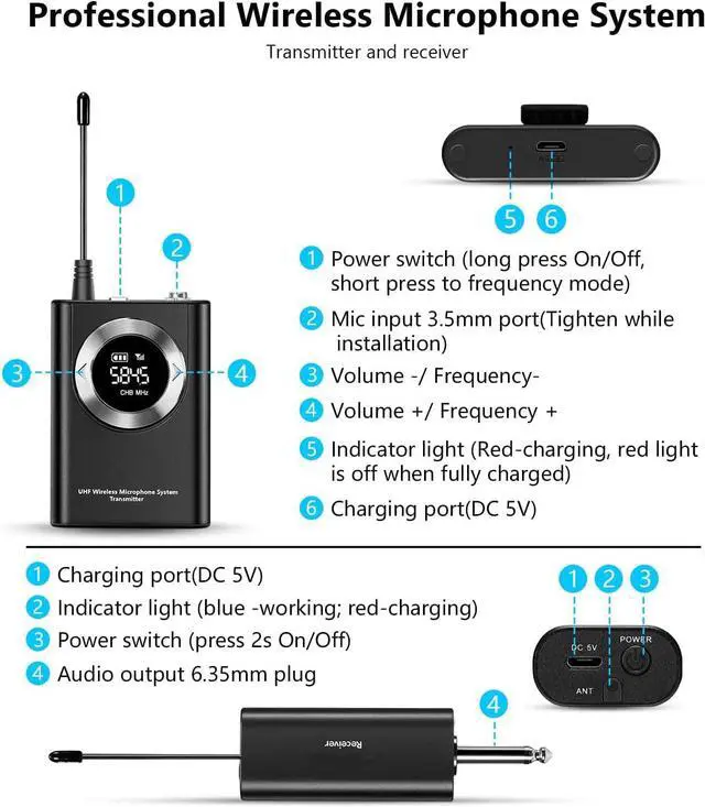 Alt view image 4 of 7 - BONAEVER UHF Wireless Microphone Systerm Lavalier Mic/Headset Mic/Hand Held Mic165ft Range Rechargeable Transmitter Receiver for iphone Smart phone AMP PC Camera Vlogging Recording