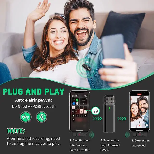 Alt view image 7 of 7 - BONAEVER 2 Wireless Lavalier Microphones Compatible with iPhone iPad with 56H Charging Case 2.4GHz Plug-Play Wireless Mic for Interview Live Standream Video Recording TikTok Noise Reduction Auto Syncs