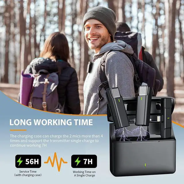 Alt view image 4 of 7 - BONAEVER 2 Wireless Lavalier Microphones Compatible with iPhone iPad with 56H Charging Case 2.4GHz Plug-Play Wireless Mic for Interview Live Standream Video Recording TikTok Noise Reduction Auto Syncs
