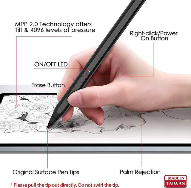 Alt view image 4 of 7 - BONAEVER Stylus for Surface 4096 Pressure Sensitivity Compatible with New Surface Pro 12 11 10 9 8 7 6 5 4/Laptop studio/Go 3/Duo 2 Fir Stand D Shape Body Rechargeable
