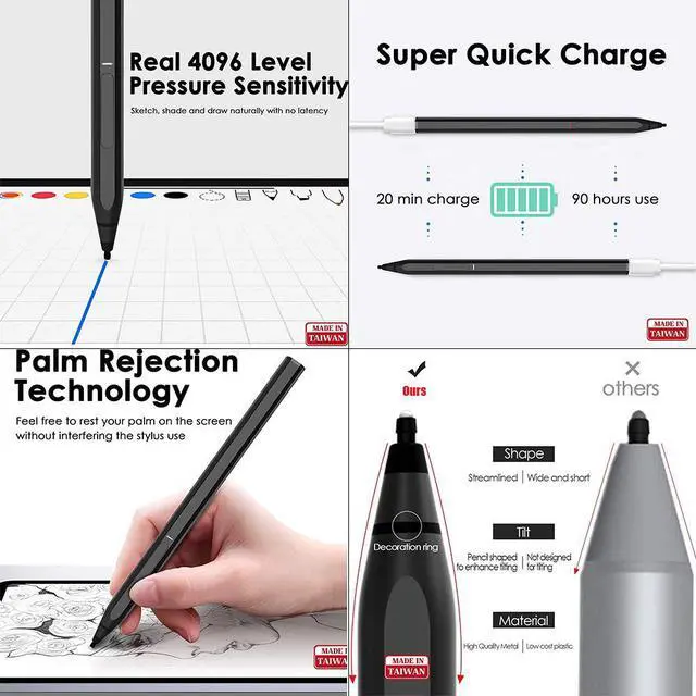 Alt view image 6 of 7 - BONAEVER Stylus for Surface 4096 Pressure Sensitivity Compatible with New Surface Pro 12 11 10 9 8 7 6 5 4/Laptop studio/Go 3/Duo 2 Fir Stand D Shape Body Rechargeable